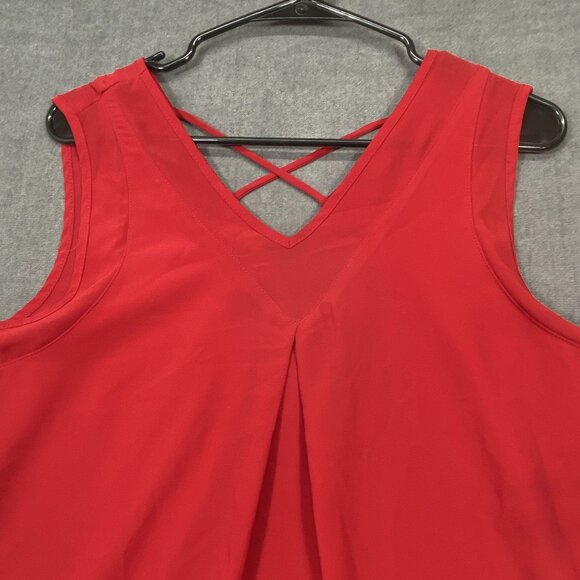 Monteau Red Sleeveless V-Neck Top Blouse Crisscross Back Detail Womens Size M - Picture 3 of 10